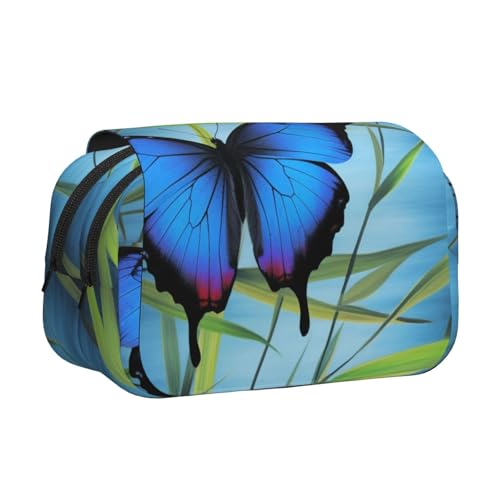 HEBSDFG Doppelschichtiges Flip-Top-Federmäppchen, botanischer Blumendruck, Stiftebox, Schreibwaren-Tasche, Organizer für Schulbedarf, Reisen und Make-up-Aufbewahrung, Blauer Schmetterling und Bambus von HEBSDFG