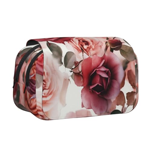 HEBSDFG Doppelschichtiges Flip-Top-Federmäppchen, botanischer Blumendruck, Stiftebox, Schreibwaren-Tasche, Organizer für Schulbedarf, Reisen und Make-up-Aufbewahrung, Blühende Rosen, Einheitsgröße von HEBSDFG