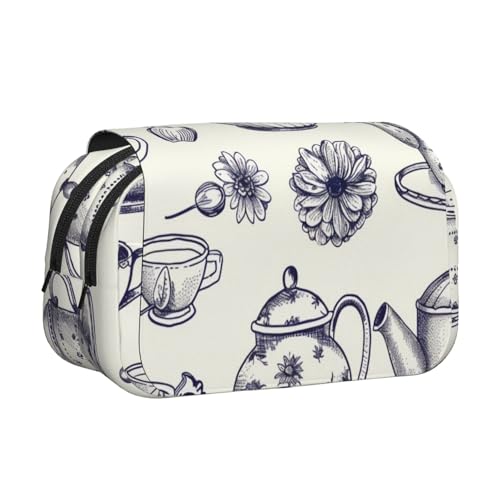 HEBSDFG Doppelschichtiges Flip-Top-Federmäppchen, japanischer Kirschbaum-Druck, Stiftebox, Schreibwaren-Tasche, Organizer für Schulbedarf, Reisen und Make-up-Aufbewahrung, Handgezeichnete Teekannen von HEBSDFG