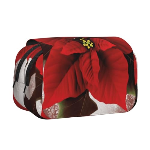 HEBSDFG Doppelschichtiges Flip-Top-Federmäppchen, rosa Rosen-Hortensien-Druck, Stiftebox, Schreibwaren-Tasche, Organizer für Schulbedarf, Reisen und Make-up-Aufbewahrung, Frohe Weihnachten Blume von HEBSDFG