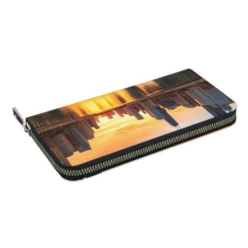 HEBSDFG Fantasy Spring Flowers Swing Printed Long Wallet for Men and Women PU Leather Hand Purse with Card Holder, Zipper Closure, Chicago Downtown Sunset, Einheitsgröße, Casual von HEBSDFG