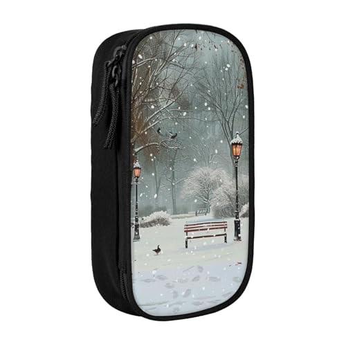 HEBSDFG Federmäppchen mit Aufschrift "Snow Falling in The Park", schwarz, hohe Kapazität, Stifteetui, Schreibwaren-Organizer mit Stiftfächern und Beuteln für Schule, Reisen, Make-up, Schwarz von HEBSDFG