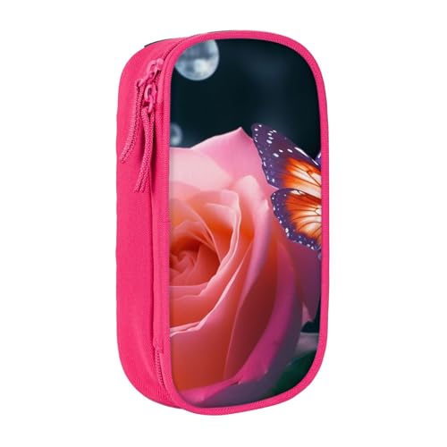 HEBSDFG Federmäppchen mit Rosen- und Schmetterlings-Aufdruck, schwarz, hohe Kapazität, Stifteetui, Schreibwaren-Organizer mit Stiftfächern und Beuteln für Schule, Reisen, Make-up, rose, Einheitsgröße von HEBSDFG