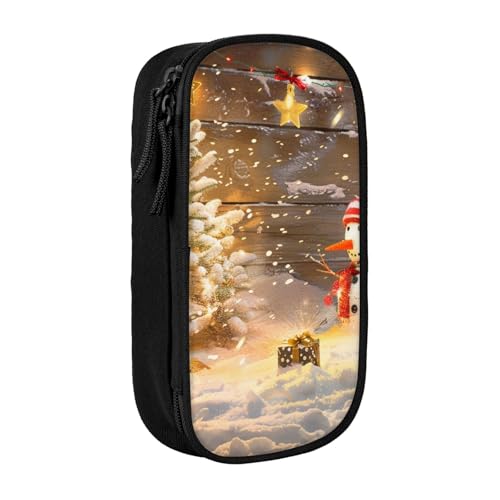 HEBSDFG Federmäppchen mit Weihnachts- und Schneemann-Aufdruck, schwarz, hohe Kapazität, Stifteetui, Schreibwaren-Organizer mit Stiftfächern und Beuteln für Schule, Reisen, Make-up, Schwarz von HEBSDFG