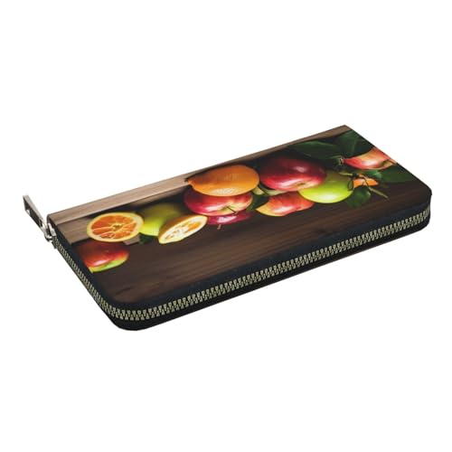 HEBSDFG Goldenes Weizenfeld-gedrucktes langes Portemonnaie für Damen und Herren, PU-Leder, Handgeldbörse mit Kartenhalter, Reißverschluss, Obst auf Holzboden, Einheitsgröße, Casual von HEBSDFG
