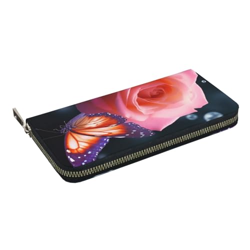 HEBSDFG Sunset Beach Prin Printed Long Wallet for Men and Women PU Leather Hand Purse with Card Holder, Zipper Closure, Rose und Schmetterling, Einheitsgröße, Casual von HEBSDFG