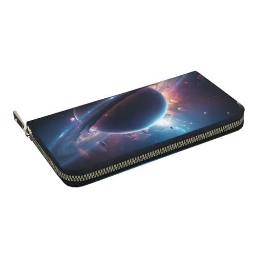 HEBSDFG Sunset Beach Prin Printed Long Wallet for Men and Women PU Leather Hand Purse with Card Holder, Zipper Closure, Space Planet, Einheitsgröße, Casual von HEBSDFG