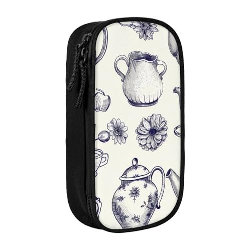 Handgezeichnetes Federmäppchen mit Teekannen und Tassen, schwarz, hohe Kapazität, Stifteetui, Schreibwaren-Organizer mit Stiftfächern und Beuteln für Schule, Reisen, Make-up, Schwarz , Einheitsgröße von HEBSDFG