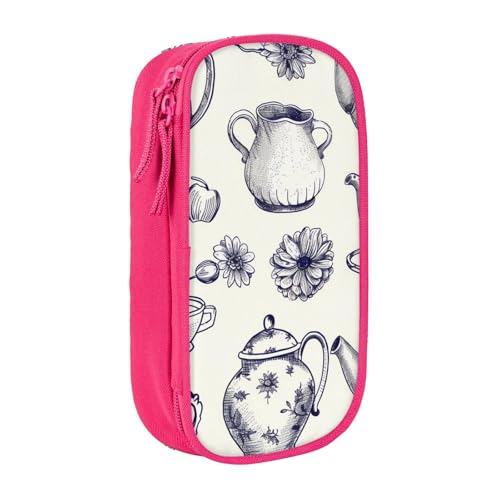 Handgezeichnetes Federmäppchen mit Teekannen und Tassen, schwarz, hohe Kapazität, Stifteetui, Schreibwaren-Organizer mit Stiftfächern und Beuteln für Schule, Reisen, Make-up, rose, Einheitsgröße von HEBSDFG
