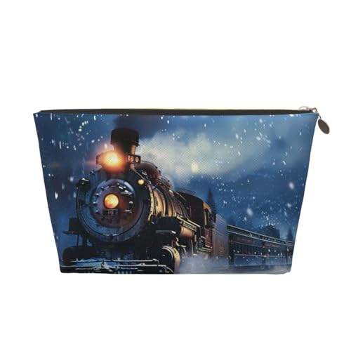 Winter Weihnachten Schnee Nacht Eisenbahn Zug Drucke PVC Leder Reise Kulturbeutel mit Gold Reißverschlüssen, Wasserdicht Kosmetik Organizer für Make-up, Toilettenartikel & Essentials, gold von HEBSDFG
