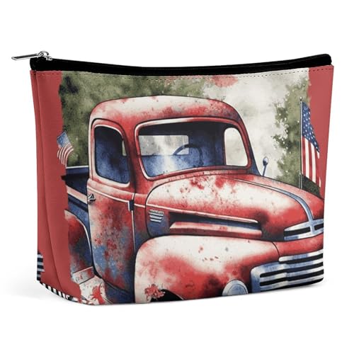 HEBVNJF Reise-Make-up-Tasche, tragbare Kosmetiktasche, Amerika-Flagge und Adler, Make-up-Aufbewahrungstasche für Damen/Mädchen, Patriotischer alter roter Truck, Einheitsgröße von HEBVNJF