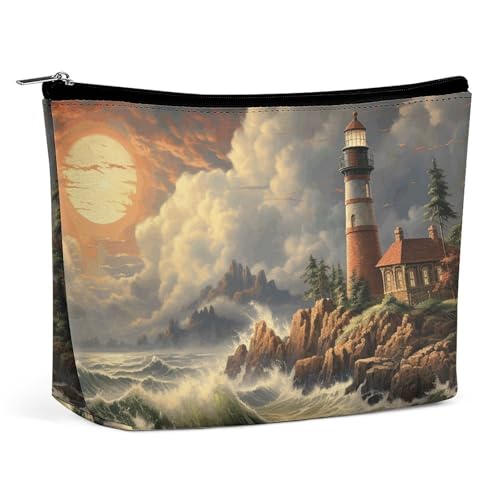 HEBVNJF Reise-Make-up-Tasche, tragbare Kosmetiktasche, Lama, Make-up-Aufbewahrungstasche für Damen/Mädchen, Küstenwelle und Leuchtturm, Einheitsgröße von HEBVNJF