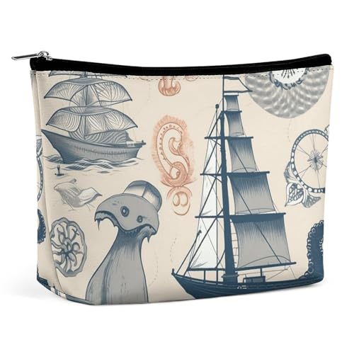 HEBVNJF Reise-Make-up-Tasche, tragbare Kosmetiktasche, Leuchtturm, Segelboot, Oktopus, Make-up-Aufbewahrungstasche für Damen/Mädchen, Leuchtturm Segelboot Octopus, Einheitsgröße von HEBVNJF