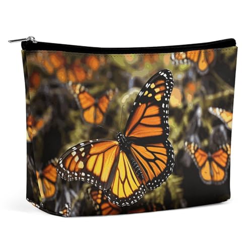HEBVNJF Reise-Make-up-Tasche, tragbare Kosmetiktasche, Orange, Monarch-Schmetterlinge, Make-up-Aufbewahrungstasche für Damen/Mädchen, Orangefarbene Monarch-Schmetterlinge, Einheitsgröße von HEBVNJF