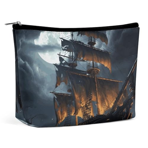 HEBVNJF Reise-Make-up-Tasche, tragbare Kosmetiktasche, Piraten-Segelboot, Vollmond_78728436, Make-up-Aufbewahrungstasche für Damen/Mädchen, Piraten-Segelboot Vollmond_78728436, Einheitsgröße von HEBVNJF