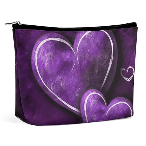 HEBVNJF Reise-Make-up-Tasche, tragbare Kosmetiktasche, Sand, Schneemann am Strand, Make-up-Aufbewahrungstasche für Damen/Mädchen, Lila Herzen, Einheitsgröße von HEBVNJF
