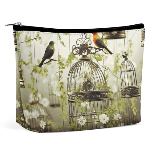 HEBVNJF Reise-Make-up-Tasche, tragbare Kosmetiktasche, Schmetterlinge, Narzissen, Blumen, Make-up-Aufbewahrungstasche für Damen/Mädchen, Vogelkäfige und Vögel, Einheitsgröße von HEBVNJF