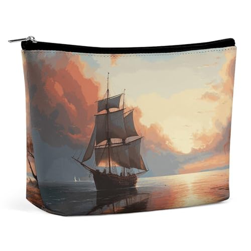 HEBVNJF Reise-Make-up-Tasche, tragbare Kosmetiktasche, Totenkopf-Skelett, Make-up-Aufbewahrungstasche für Damen/Mädchen, Segelboot-Landschaft, Einheitsgröße von HEBVNJF