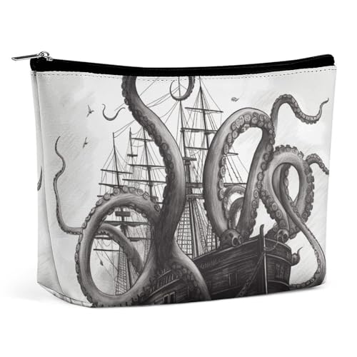 HEBVNJF Reise-Make-up-Tasche, tragbare Kosmetiktasche, blaue Musik-Make-up-Aufbewahrungstasche für Damen/Mädchen, Schwarz-weißer Oktopus und Schiff, Einheitsgröße von HEBVNJF