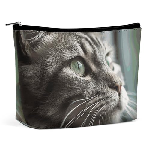 HEBVNJF Reise-Make-up-Tasche, tragbare Kosmetiktasche, brauner Bär, Make-up-Aufbewahrungstasche für Damen/Mädchen, Graue Katze mit grünen Augen, Einheitsgröße von HEBVNJF