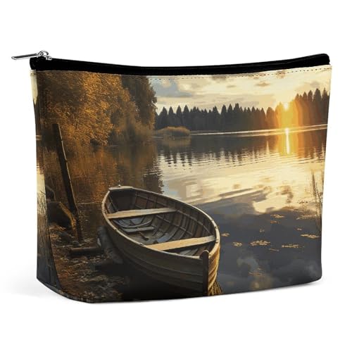 HEBVNJF Reise-Make-up-Tasche, tragbare Kosmetiktasche, brennender Fußball, Make-up-Aufbewahrungstasche für Damen/Mädchen, Boot am Ufer, Einheitsgröße von HEBVNJF