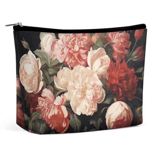 HEBVNJF Reise-Make-up-Tasche, tragbare Kosmetiktasche, brennender Fußball, Make-up-Aufbewahrungstasche für Damen/Mädchen, Schale mit Pfingstrosen und Rose, Einheitsgröße von HEBVNJF