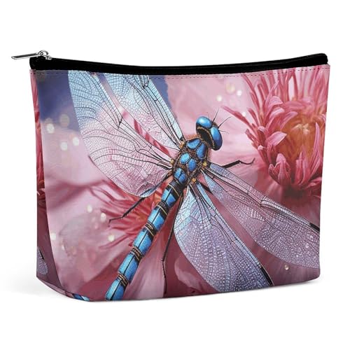 HEBVNJF Reise-Make-up-Tasche, tragbare Kosmetiktasche, lässige Küsten-Make-up-Aufbewahrungstasche für Damen/Mädchen, Blume und blaue Libelle, Einheitsgröße von HEBVNJF