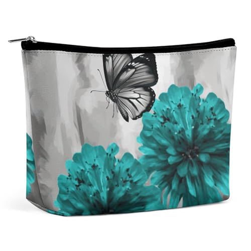 HEBVNJF Reise-Make-up-Tasche, tragbare Kosmetiktasche, rosa und weiße Blumen, Make-up-Aufbewahrungstasche für Damen/Mädchen, Graues Blaugrünes Blumenschmetterling, Einheitsgröße von HEBVNJF