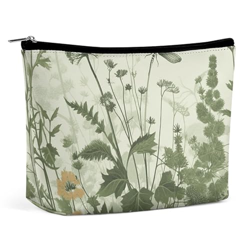 HEBVNJF Reise-Make-up-Tasche, tragbare Kosmetiktasche, viele grüne Kleeblatt-Make-up-Aufbewahrungstasche für Damen/Mädchen, Laub und Kräuter, Einheitsgröße von HEBVNJF