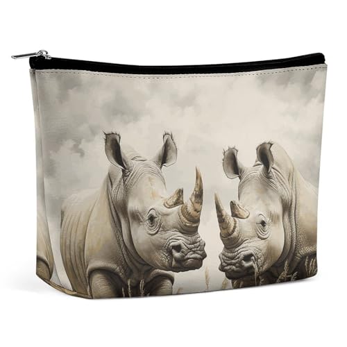 HEBVNJF Reise-Make-up-Tasche, tragbare Kosmetiktasche, weiße Eidechse, Make-up-Aufbewahrungstasche für Damen/Mädchen, Zwei Nashörner, Einheitsgröße von HEBVNJF