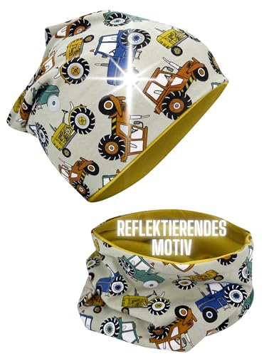 HECKBO Kinder Mütze & Loopschal Set - 360° Reflektor Sicherheit - Atmungsaktiver Baumwollstoff - Beanie Jungen Traktor, Einheitsgröße, Baumwolle von HECKBO