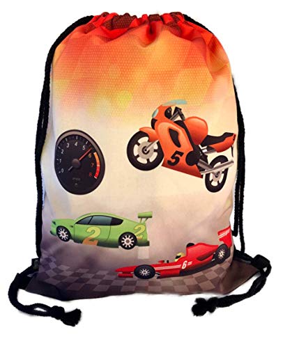 HECKBO Kinder Turnbeutel Racing Rennauto - 40x32cm - Sportkleidung Trinkflasche - Kindergarten, Schule, Stoffbeutel Kita - Rucksack, Tasche, Sportrucksack, Sportbeutel Junge Mädchen von HECKBO