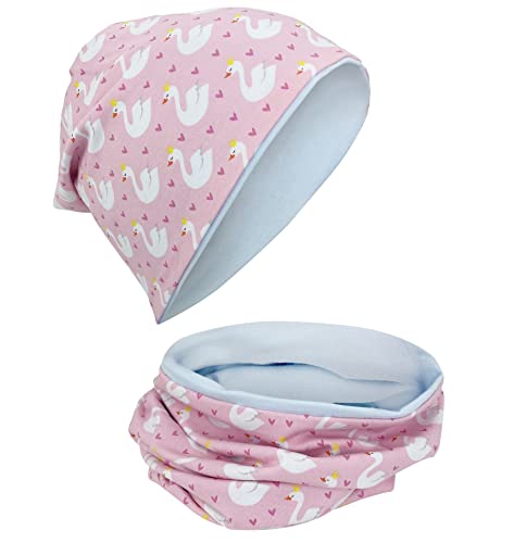 HECKBO Mädchen Beanie & Halstuch Set - Schwan Herzen - One Size: 2-8 Jahre - Ganzjährig - 95% Baumwolle - Mütze Rosa Pink von HECKBO