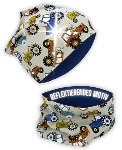 HECKBO 360° Beanie Kinder Mütze & Loop Schal Set - Reflektierend für Sicherheit - Traktor-Design für Jungen - 95% Baumwolle - Einheitsgröße 2-6 Jahre, Traktor von HECKBO