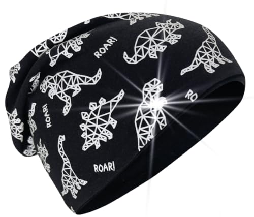 HECKBO 360° Reflektor Kinder Beanie Mütze - Vlies Stoff innen für Winter - Dinosaurier von HECKBO