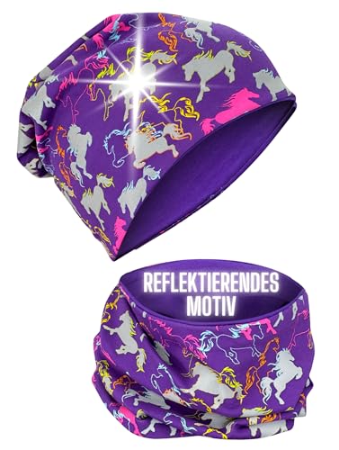 HECKBO 360° Reflektor Kinder Muetze Schlauchschal Set - Pferd Bauernhof - Jersey innen - 95% Baumwolle - Mädchen Beanies - 48-54 von HECKBO