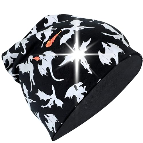 HECKBO 360° Reflektor Kinder Mütze oder Loop Schal - 95% Baumwolle - weiches & pflegeleichtes Stretch-Material - Beanie Frühling Herbst Winter (Beanie Übergangszeit - Jersey innen, Drachen) von HECKBO