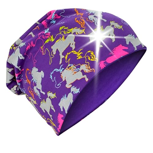 HECKBO 360° Reflektor Kinder Mütze oder Loop Schal - 95% Baumwolle - weiches & pflegeleichtes Stretch-Material - Beanie Frühling Herbst Winter (Beanie Übergangszeit - Jersey innen, Pferd) von HECKBO