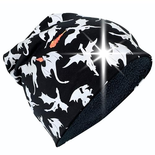 HECKBO 360° Reflektor Kinder Mütze oder Loop Schal - 95% Baumwolle - weiches & pflegeleichtes Stretch-Material - Beanie Frühling Herbst Winter (Beanie Winter - Vlies innen, Drachen) von HECKBO