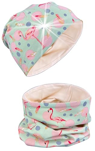 HECKBO 360° Reflektor Kinder Beanie Mütze & Loop Schal Set - Flamingo & Federn - mit reflektierenden Kreisen - 2-8 Jahre - 95% Baumwolle von HECKBO