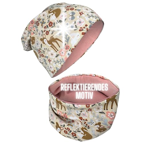 HECKBO 360° Reflektor Kinder Mütze & Loop Schal Set - Waldtiere - 2-8 Jahre 95% Baumwolle - weiches & pflegeleichtes Stretch-Material - Beanie Frühling Herbst von HECKBO
