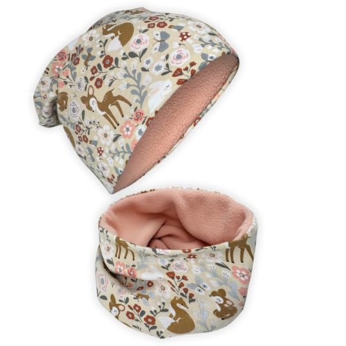 HECKBO 360° Reflektor Kinder Mütze & Loop Schal Set - Waldtiere Vlies Innen Winter - 2-6 Jahre - 95% Baumwolle - weiches & pflegeleichtes Stretch-Material von HECKBO