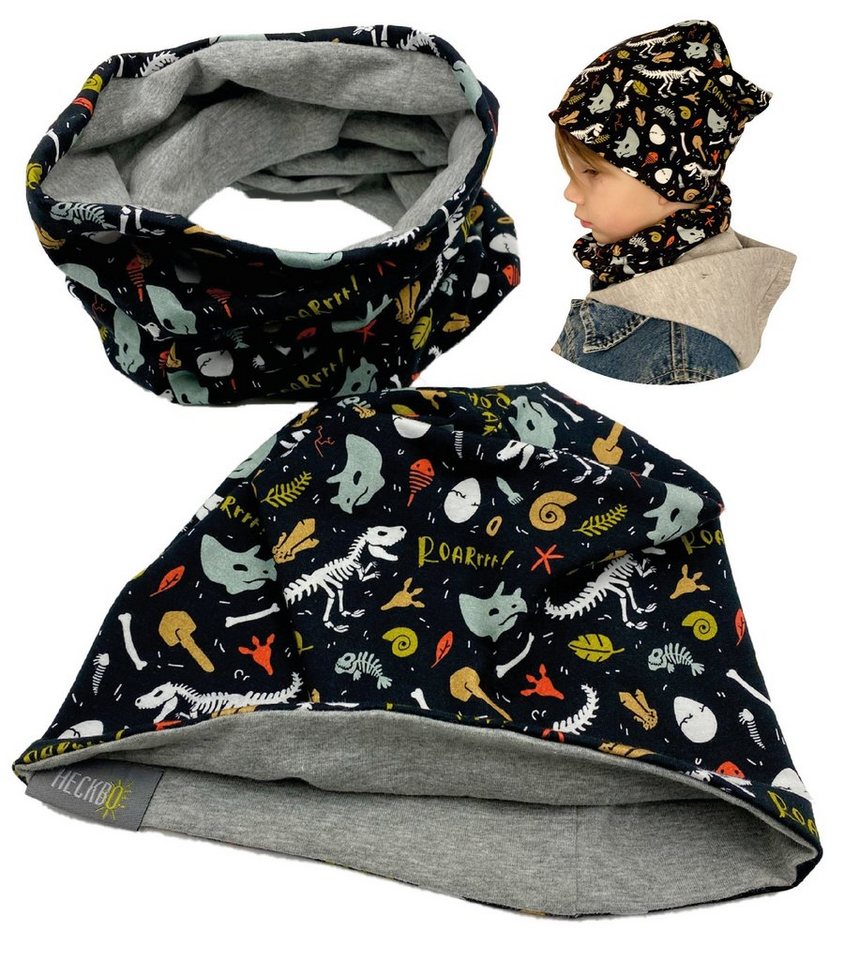 HECKBO Beanie Dinosaurier Kinder Jungen Beanie Mütze & Loop-Schal Set - Wendemütze oder Wintermütze mit Fleece Vlies - 2-8 Jahre - 95% Baumwolle - weiches & pflegeleichtes Material - Frühling Herbst Winter von HECKBO