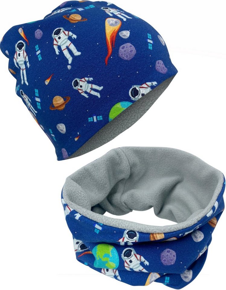 HECKBO Beanie HECKBO Astronaut Weltall Kinder Jungen Mädchen Beanie Mütze & Loop-Schal Set - Wendemütze oder Wintermütze mit Fleece Vlies - 2-8 Jahre - 95% Baumwolle - weiches & pflegeleichtes Stretch-Material von HECKBO