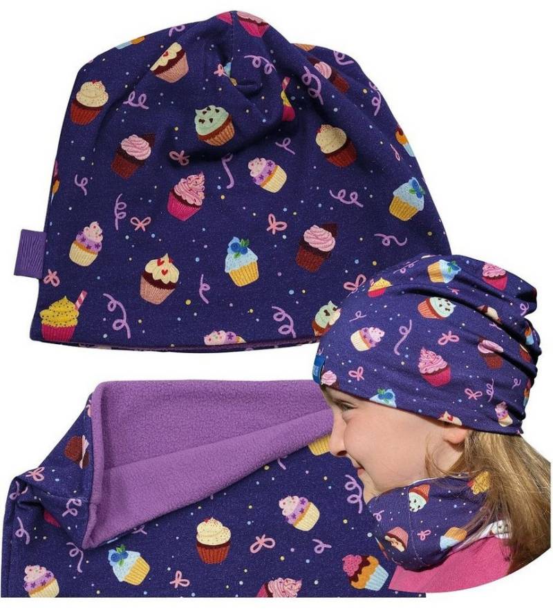 HECKBO Beanie HECKBO Kuchen Cookies Kinder Mädchen Beanie Mütze & Loop-Schal Set - Wendemütze oder Wintermütze mit Fleece Vlies - 2-8 Jahre - 95% Baumwolle - weiches & pflegeleichtes Material Frühling Herbst Winter von HECKBO