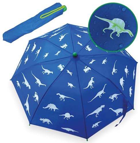 HECKBO Magischer Dinosaurier-Regenschirm für Kinder - Farbwechsel bei Regen, Kompakt & Faltbar für Schultaschen, Sicher mit 360° Reflektoren, Ergonomischer Holzgriff mit Schutzkappen & Hülle von HECKBO