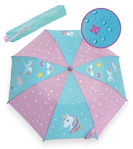HECKBO Regenschirm Kinder Einhorn Magic für Jungen und Mädchen – Farbwechsel bei Regen – Taschenschirm - passt in jeden Schulranzen – Sturmfest - 360° Reflektoren - Kinder Geschenke von HECKBO