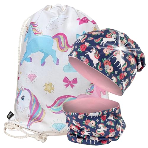 HECKBO Einhorn Turnbeutel + Reflektor Beanie & Loop Schal mit Vlies Stoff innen Winter von HECKBO