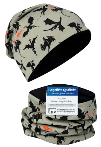 HECKBO Drachen Beanie & Schlauchschal Set - 2-8 Jahre - Wendbar mit Jersey Innen - Mädchen Jungen - 95% Baumwolle von HECKBO