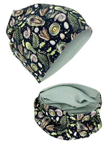 HECKBO T-Rex Beanie & Halstuch Set - Dino Motiv für Abenteuer - Wendeoption grün - Kinder 2-8 Jahre - Baumwolle - Schule & Spielplatz von HECKBO
